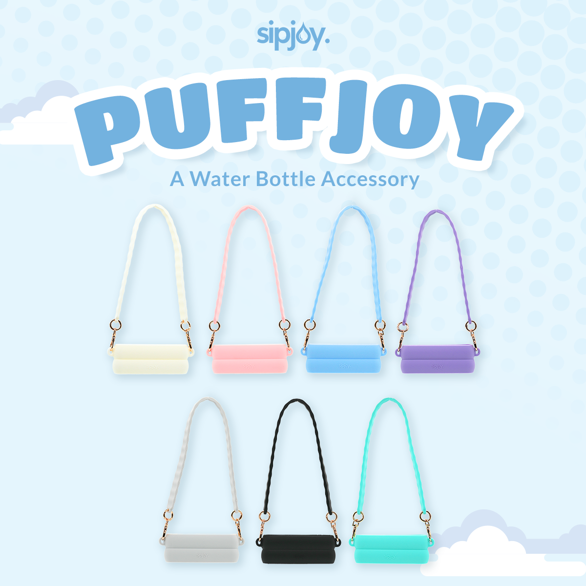 A promotional image for Sipjoy's "PUFFJOY" water bottle accessory, featuring a collection of puffy silicone bottle bands with straps in various pastel and neutral colors. The design highlights the stylish and functional carrying accessory with gold-toned clasps, set against a light blue background with a bubbly pattern.